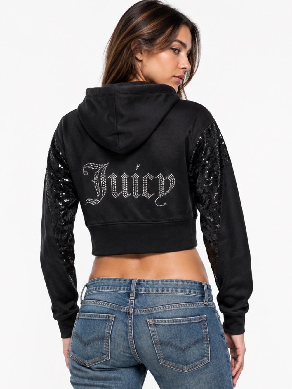 Juicy Couture Cropped Hoodie Womens Small Black Rhinestone Sequin Y2K‎